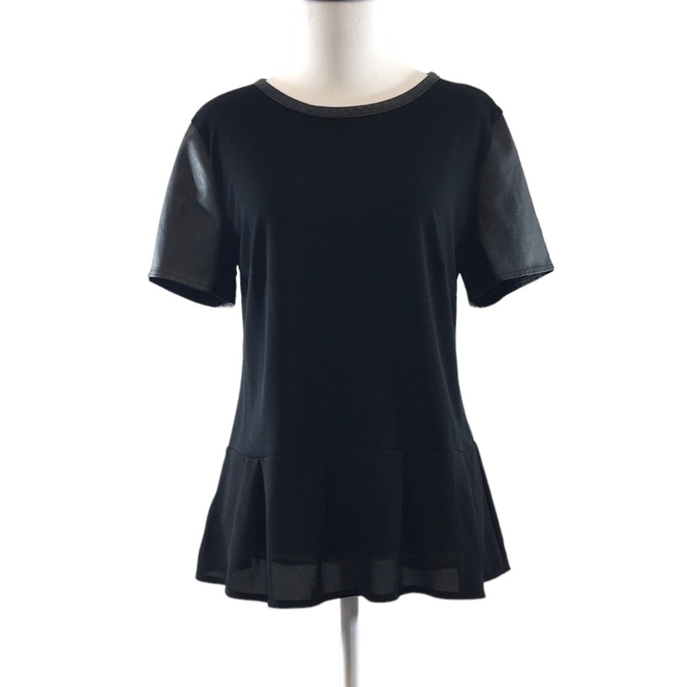 LOFT Ann Taylor Black Ribbed‎ Peplum Top Womens Medium Short Sleeve Faux Leather